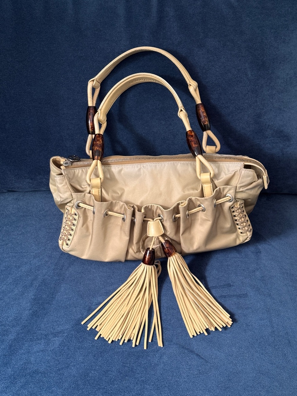 Vintage Giorgio Armani Fabric drawstring tassel beige shoulder bag